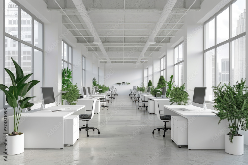 Fototapeta premium Modern office interior with green plants, desks and computers, empty room with white design. Theme of business, work, table, workplace, space,