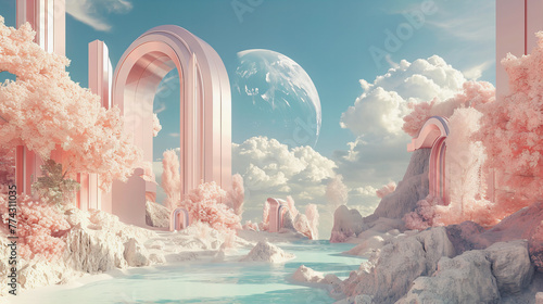 Cenário futurista abstrato com pilares, nuvens e esferas, todos em tons de pêssego pastel, surrealista