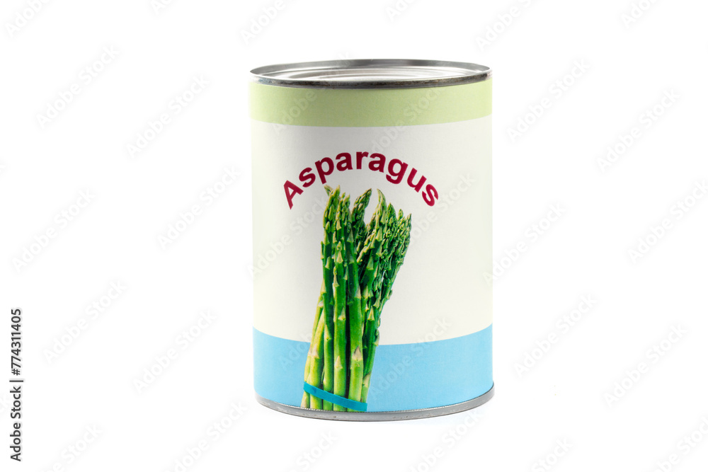 A fake generic labelled food can of asparagus spears isolated on white