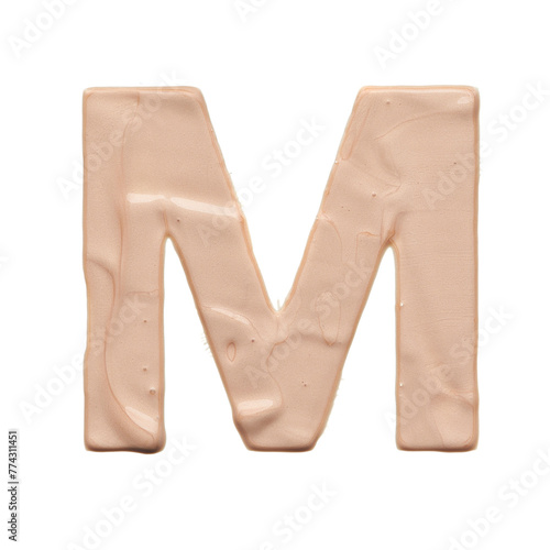 The capital letter M is created with a light beige tonal base or acrylic paint on a white background.