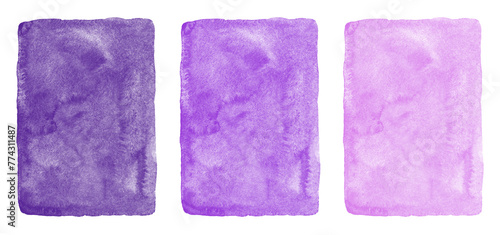 Purple watercolor text backgrounds set, collection. Hand drawn indigo, blueberry, dark violet, lilac watercolour textures with aquarelle stains. Painted rectangle vertical templates. Artistic edge.