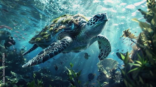 Under water sea turtles. Sea turtle under water in scuba diving scene