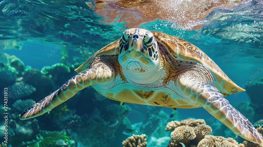 Fototapeta premium Under water sea turtles. Sea turtle under water in scuba diving scene