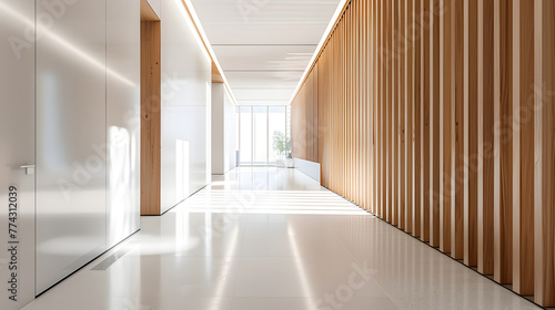 Executive Sanctum  A Minimalist White and Wooden Office Corridor Leading to the CEO s Private Chamber
