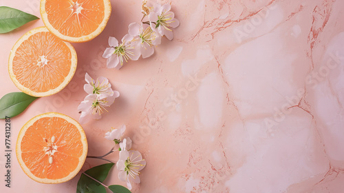 Rodelas de laranjas, folhas verdes e flores de pêssego formam uma composição com espaço para texto, em um fundo de cor de pêssego pastel photo