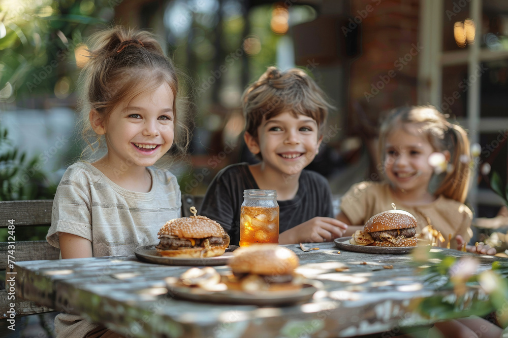 Children enjoy a laughing picnic with burgers, lemonade, and friends.