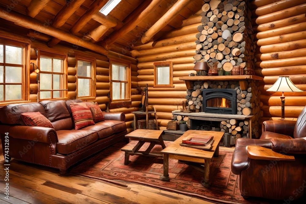American rancher log cabin lounge interior With copyspace for text. American rancher log cabin lounge interior With copyspace for text.