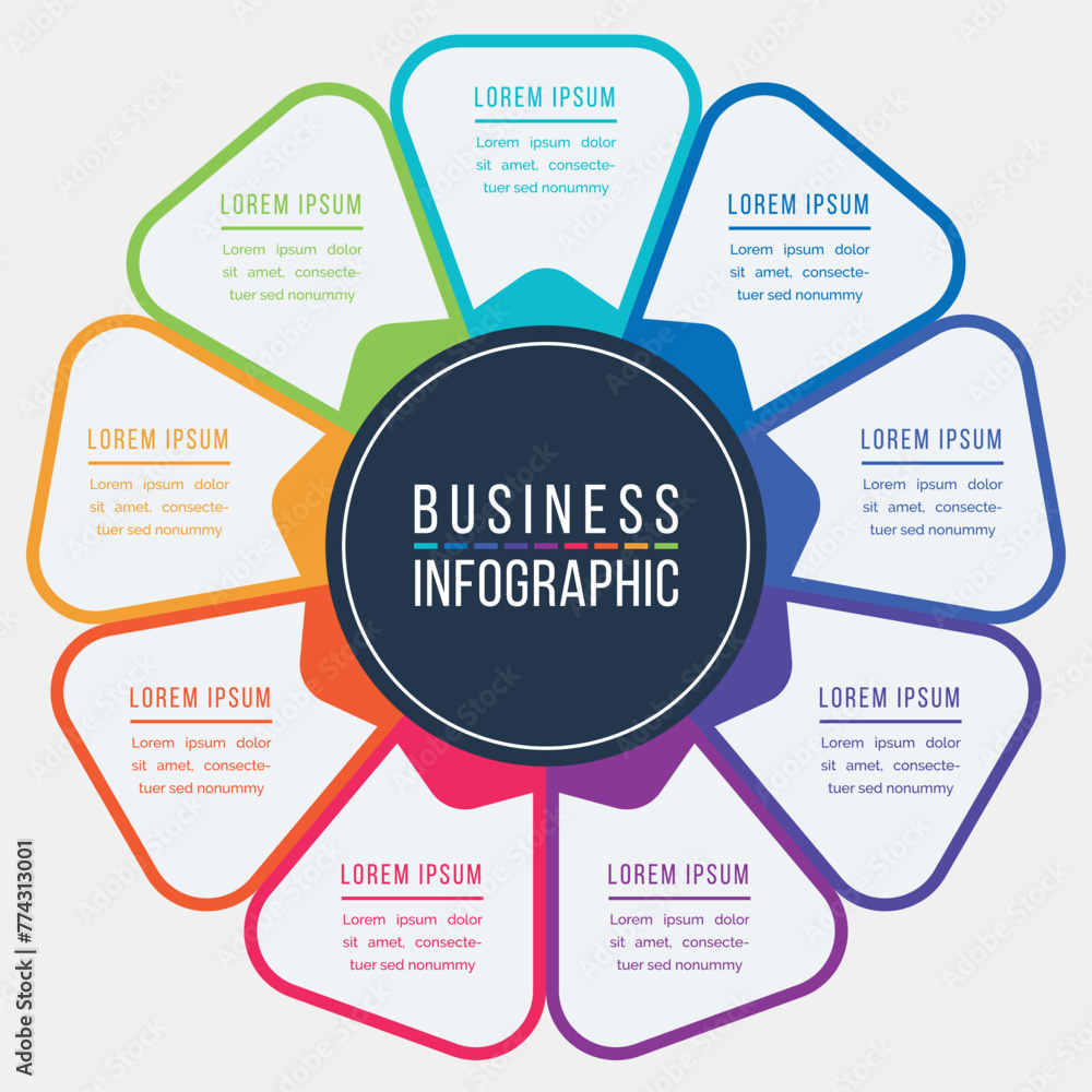 Business Infographic circle design 9 steps, objects, options or elements business information colored Business Infographic circle design 9 steps, objects, options or elements business information colored