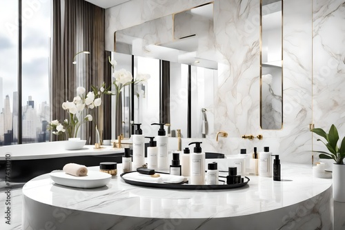 A presentation space on a white marble tabletop features toiletries in a luxurious bathroom. photo