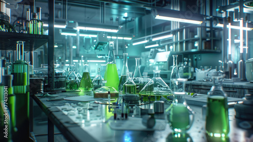 Scientist's Laboratory with Beakers, Test Tubes, and Equipment