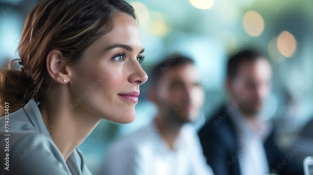 Businesswoman in a meeting, Female Leader at Business Conference, Business Environment with Team in Background Businesswoman in a meeting, Female Leader at Business Conference, Business Environment with Team in Background