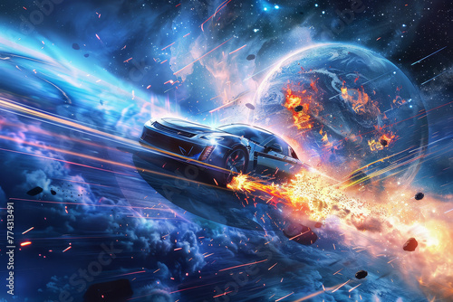A car is flying through space and crashing into a planet photo