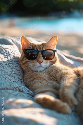 a cat in sunglasses lies on a sun lounger on the seashore Generative AI