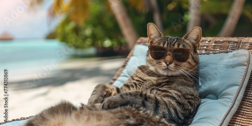 a cat in sunglasses lies on a sun lounger on the seashore Generative AI