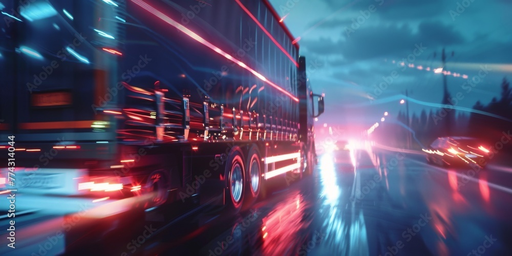 Cargo truck delivering goods motion blur Generative AI - obrazy, fototapety, plakaty 