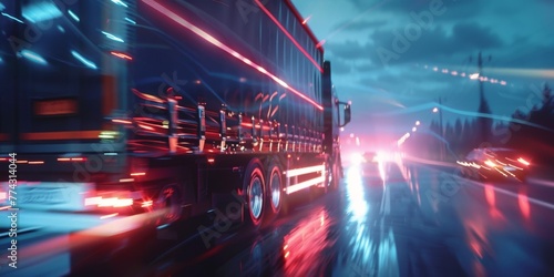 Cargo truck delivering goods motion blur Generative AI photo