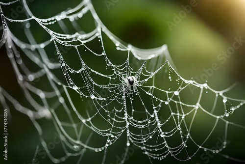 Dew covered spider s web With drops of water wth  copyspace for text photo