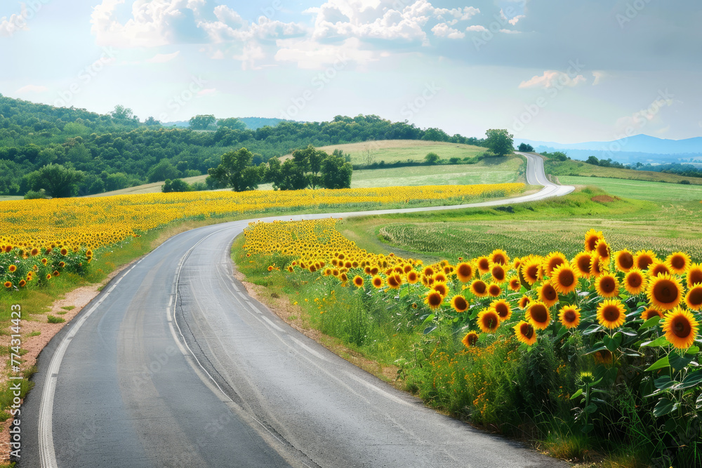 Naklejka premium A road with a field of yellow sunflowers on either side