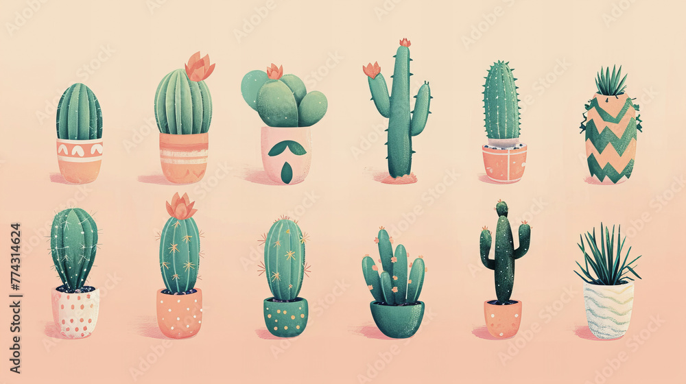 Ilustrações de pequenos cactos verdes em vasos, destacando-se em um fundo neutro em tons de pêssego pastel, em uma composição minimalista Ilustrações de pequenos cactos verdes em vasos, destacando-se em um fundo neutro em tons de pêssego pastel, em uma composição minimalista