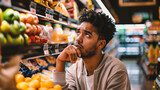 Young african american man choosing food in supermarket. Shopping concept