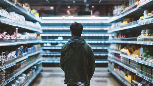 Rear view of young man standing in supermarket and looking at shelves