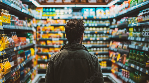Rear view of young man standing in supermarket and looking at shelves