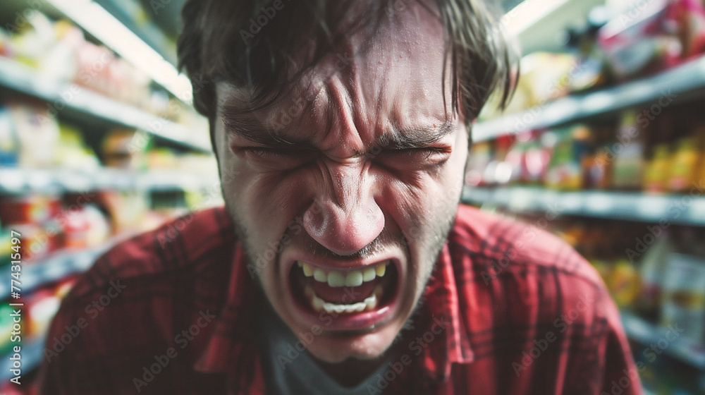 Portrait of angry man screaming in supermarket. Shocked man screaming in supermarket. Portrait of angry man screaming in supermarket. Shocked man screaming in supermarket.