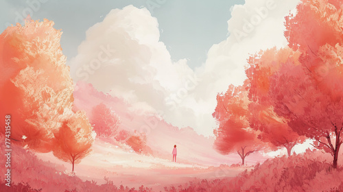 Pintura a óleo de um corredor de árvores em tons de pêssego pastel, com uma ilustração de uma mulher ao longe