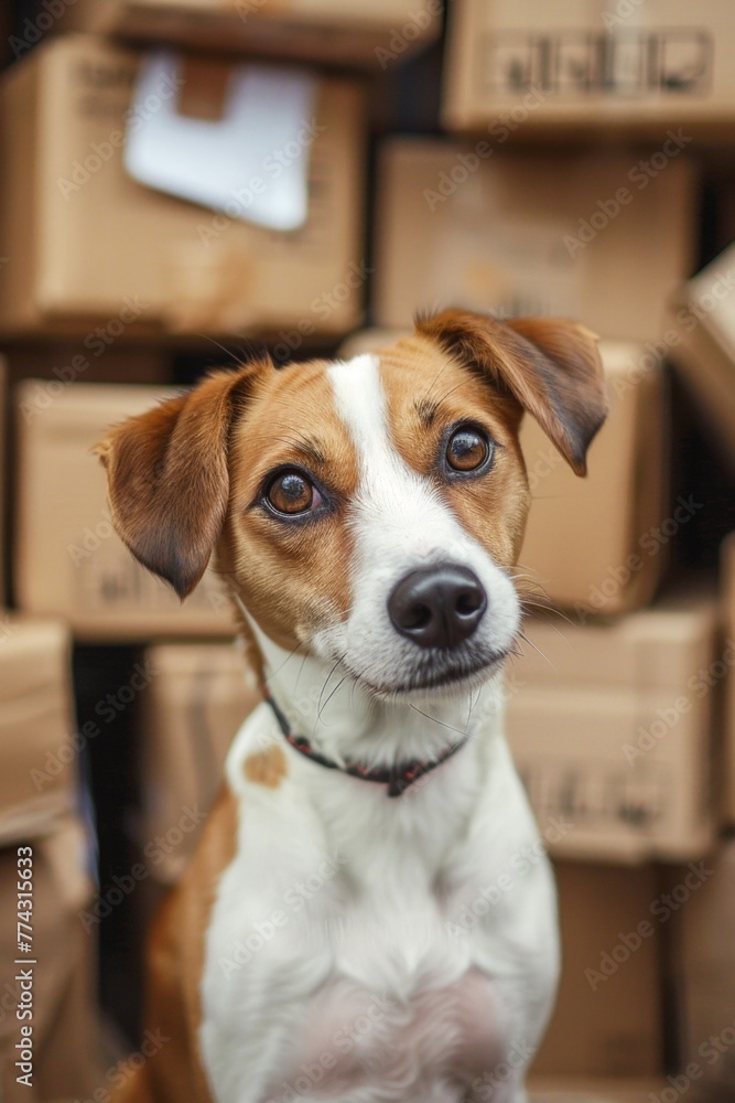 dog on a background of cardboard boxes moving Generative AI