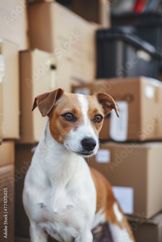 dog on a background of cardboard boxes moving Generative AI © València