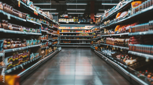 Supermarket aisle with shelves full of food and beverages. Blurred background