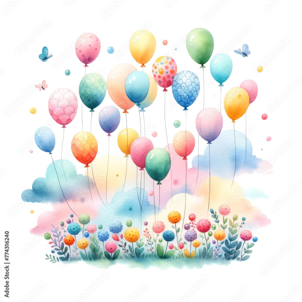 Pastel balloons floating over floral field - Dreamy pastel colored balloons soaring over a colorful field of flowers under soft, fluffy clouds in a clear sky