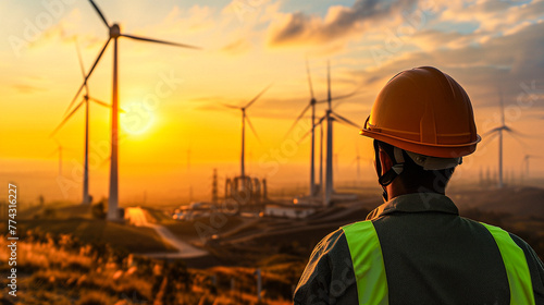 Renewable Energy Engineer Overseeing Wind Farm at Sunset, Eco-Friendly Energy: Technician at Wind Farm photo