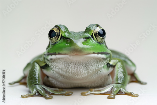 Green frog facing the camera on a plain white background