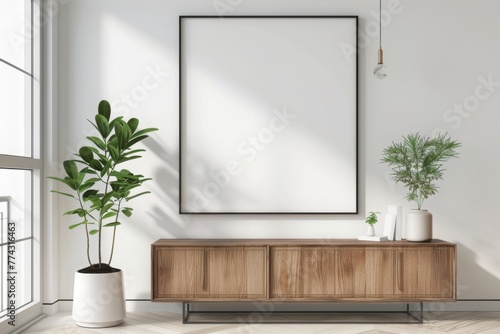 blank poster frame mockup on white wall living room with wooden sideboard with small green plant against white wall, Scandinavian, vintage, cupboard,  photo