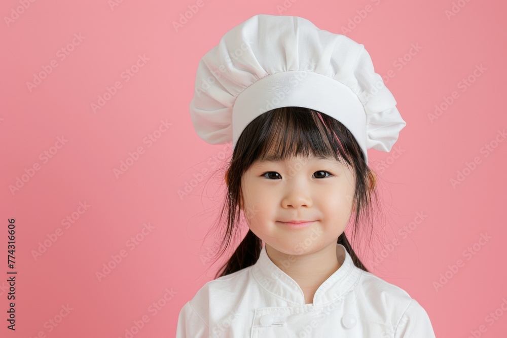 cute asian smiling child in chef’s uniform - hat and clothes - portait on plain background, culinary cooking studio concept with copy space cute asian smiling child in chef’s uniform - hat and clothes - portait on plain background, culinary cooking studio concept with copy space