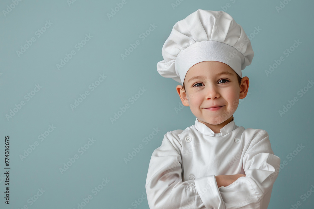 cute caucasian smiling child in chef’s uniform - hat and clothes - portait on plain background, culinary cooking studio concept with copy space cute caucasian smiling child in chef’s uniform - hat and clothes - portait on plain background, culinary cooking studio concept with copy space