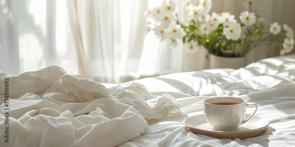 cozy unmade bed with clean white sheets and coffee cup in morning light, elegant hotel concept cozy unmade bed with clean white sheets and coffee cup in morning light, elegant hotel concept