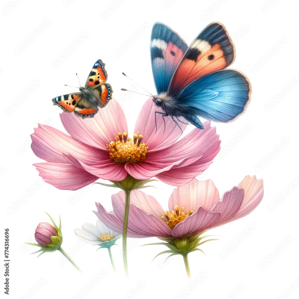 Butterflies resting on pink blossoms - Two vibrant butterflies with detailed wings gently rest on delicate pink flowers, surrounded by buds and petals