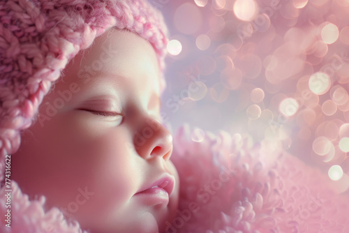 Peaceful newborn in pink hat sleeping, an embodiment of new life and dreams. Swathed in a soft pink knit, a baby sleeps in blissful serenity, outside world distant murmur compared to comfort of dreams