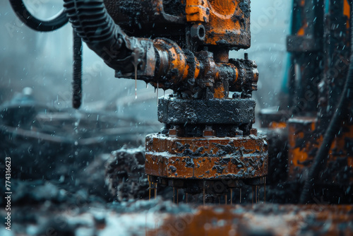 A rusty piece of machinery with a black and orange cap photo