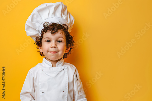 cute caucasian smiling child in chef’s uniform - hat and clothes - portait on plain background, culinary cooking studio concept with copy space photo