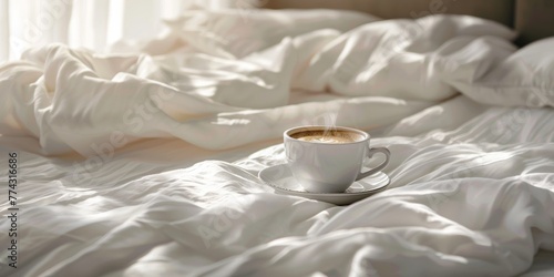 cozy unmade bed with clean white sheets and coffee cup in morning light, elegant hotel concept