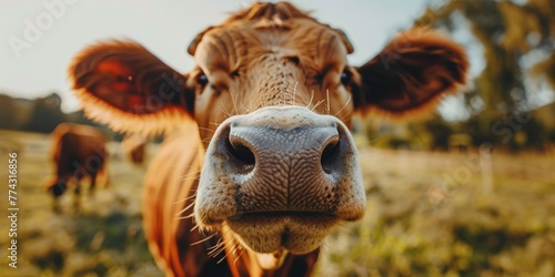 close up frontal portrait of a cow staring at camera, calf snout closeup in green farm field surroundings, copy space photo