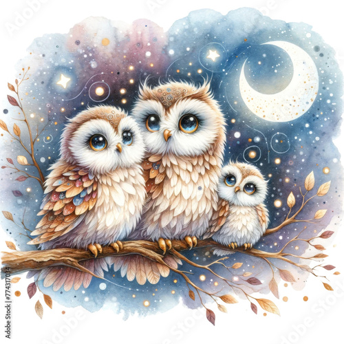 Owls on a branch under a starry sky - Three adorable owls perched on a branch with a whimsical starry night and moon in the background