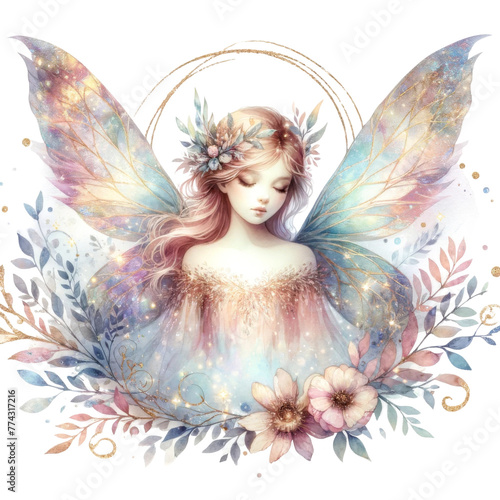 Ethereal fairy with floral elements - An illustration of a serene fairy with large, delicate wings adorned with flowers and celestial motifs