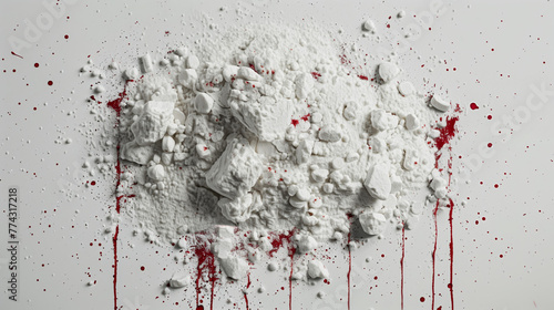 Pile of blood stained cocaine or white powdered drugs on a white surface photo