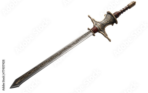 A wooden-handled sword rests on a white background, exuding power and history photo