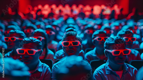 plastic model people sitting in a cinema wearing 3d glasses - retro 80s