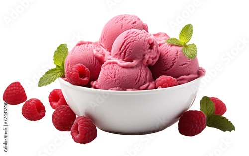 A bowl overflows with raspberry ice cream, surrounded by plump raspberries photo